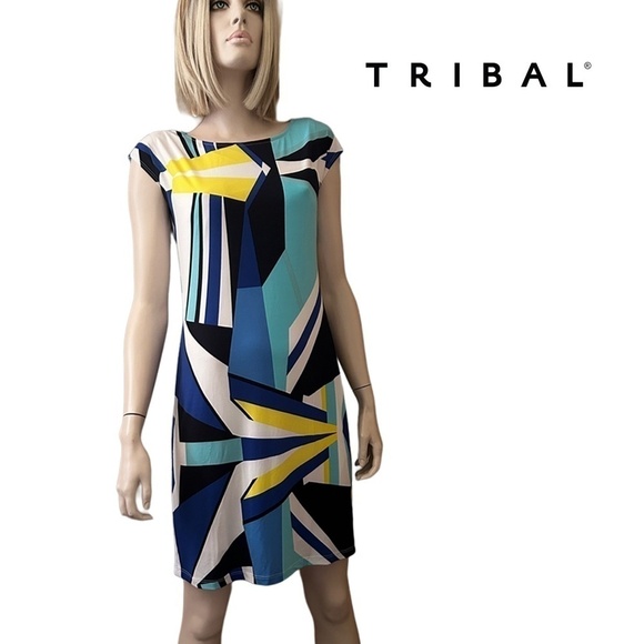 TRIBAL Shift Dress Colourful Abstract Geometric Print Made in Canada Jersey - Picture 1 of 13